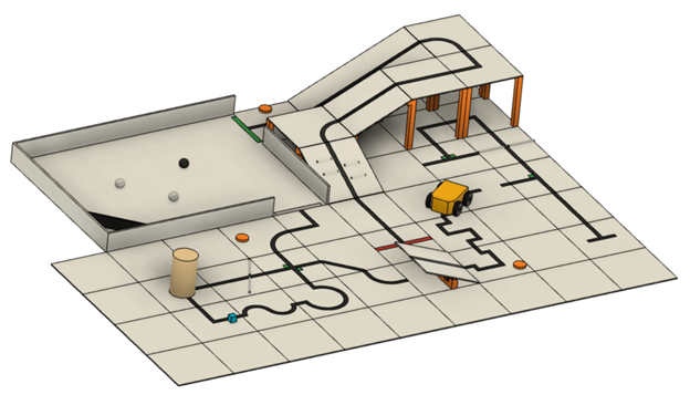 Rescue Line competition course with route markings, ramps and obstacles