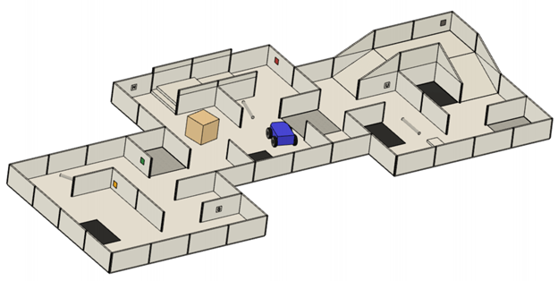 Competition maze course with walls, obstacles and a robot
